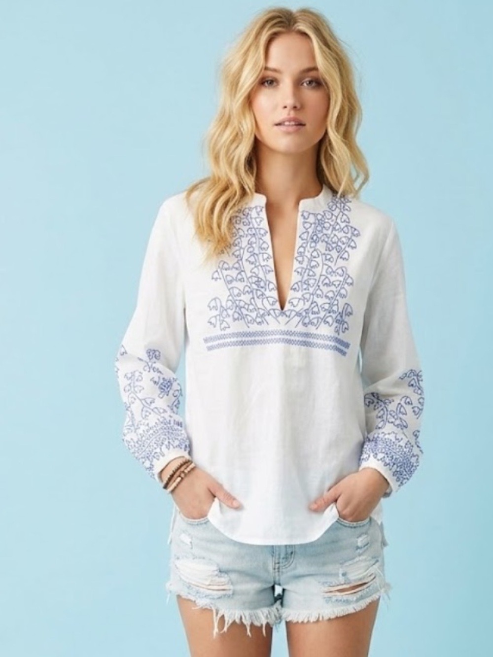 Roberta Freymann Blue Embroidered Cotton Peasant Tunic Top - Size Large